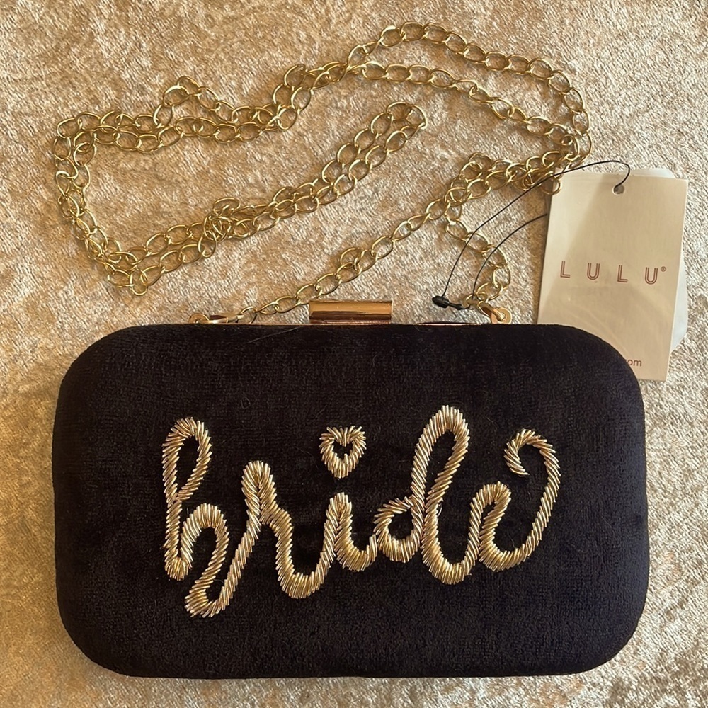 Brand New Lulu Bride Black Gold Tone Chain Crossbody Purse Bachelorette Party